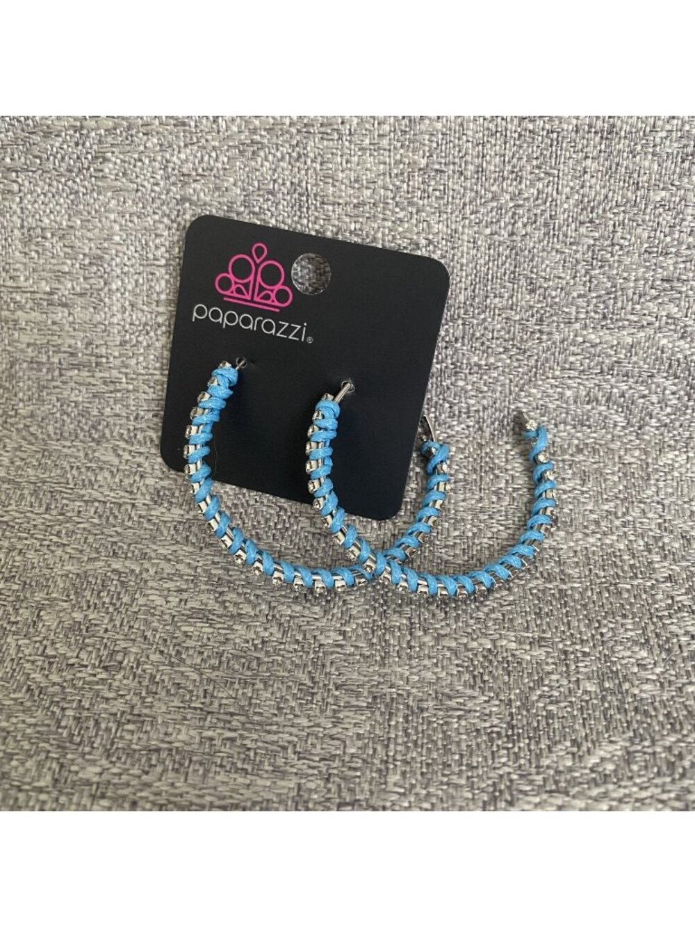 Paparazzi Hoop Earrings Blue Wrap Silver Rhinestones Metal Round